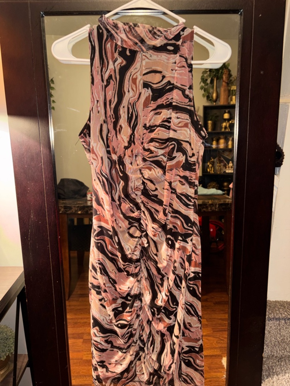 Sleeveless Marble Print Midi Dress in Pink and Black